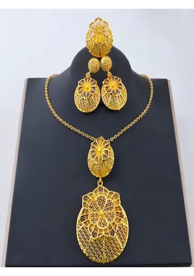 24k Altın Kaplama Etnik Çiçek Kolye Küpe Ve Yüzük Takı Seti Altın