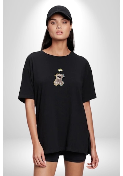 Gerçeklikten Uzak Tutun Siyah Oversize Unisex Ön Orta Minimal Baskılı Tişört Siyah