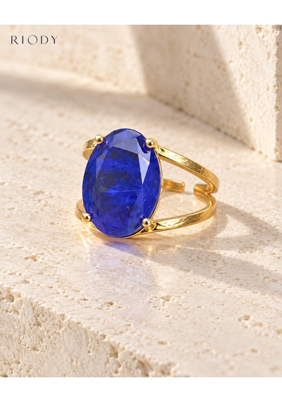 Riody Regard Bleu Gold Kaplama Mavi Kedi Gözü Doğal Taşlı Ayarlanabilir Kadın Yüzük Altın - Mavi
