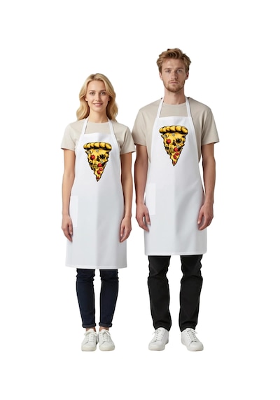 Unisex Mutfak Aşçı Önlüğü Kafatası Pizza Dilimi Baskılı Dtf Dijit Beyaz