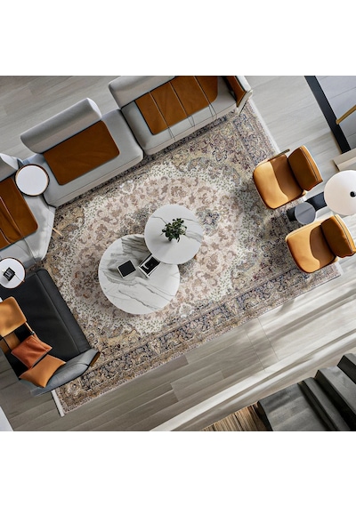 Bespoky Göbekli Madalyon Desenli Klasik Salon Halısı Krem