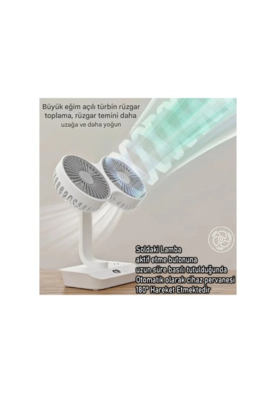 Hr001 Çift Kafalı Vntilatör Otomatik Salınımlı Şarjlı Masaüstü Ve Duvara Asılabilir Fan Serinletici Led Işıklı Mini Klima