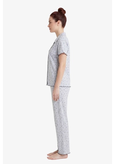 Cottonhill Gri Çiçek Desenli Pointel Gömlek Yaka Kadın Pijama Takımı Okyanus