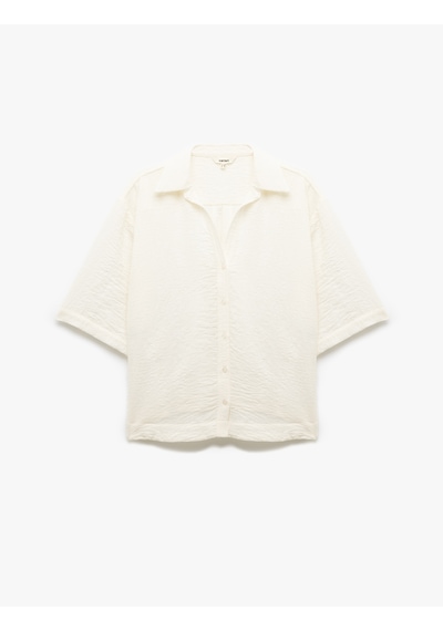 Koton Klasik Yaka Dirsek Boy Kısa Kollu Oversize Gömlek Kırık Beyaz 5sak60040pw Ekru