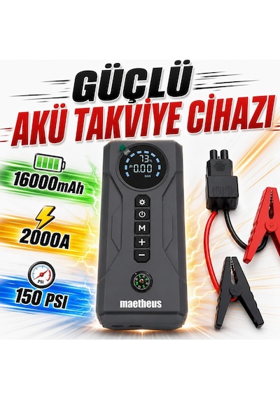 4-in-1 16000mah Akü Takviye Cihazı 150 Psı Kompresör Powerbank Lcd Ekran Led Fener Eva Çanta 2000a Tepe Akım