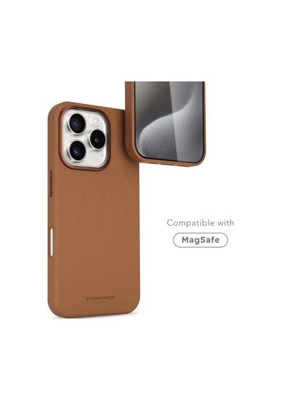 Vonmahlen Apple Uyumlu iPhone 16 Pro Deri Görünümlü Magsafe Kılıf Kahverengi