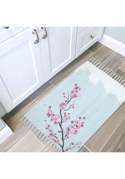 Banyo Halısı Dijital Baskılı Banyo Paspası 50x80 Polyester Kaymaz Tabanlı Duş Paspası Sakura Beyaz - Siyah