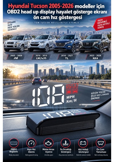 Hyundai Tucson 2005-2026 Modeller İçin Obd2 Head Up Display Hayalet Gösterge Ekranı Ön Cam Hız Göstergesi