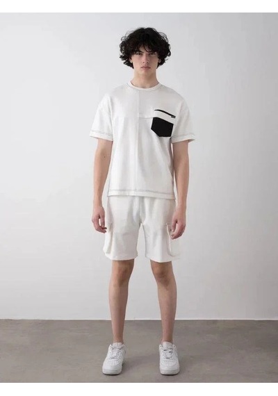 Erkek Teenage Fermuarlı Oversize Şortlu Takım-15543 Beyaz