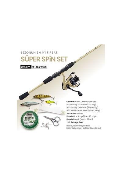 Okuma Outrax Combo Spin Kamış Ve Makine Seti 274 Cm 10-40 Gr + Savage Gear Sahte Yemler + Kendo Ekipmanlar + Süper Spin Set Okuma Outrax Combo Spin Kamış Ve Makine Seti 274 Cm 10-40 Gr + Savage Gear Sahte Yemler + Kendo Ekipmanlar + Süper Spin Set