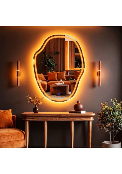 Zelvora Amber Led'li Lazer Kumlamalı Lavabo & Banyo Aynası Dokunmatik Sensörlü 100 X 75 Cm Turuncu