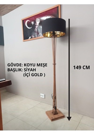 Ahşap Ayaklı Lambader Siyah Gold Renk Altın - Siyah