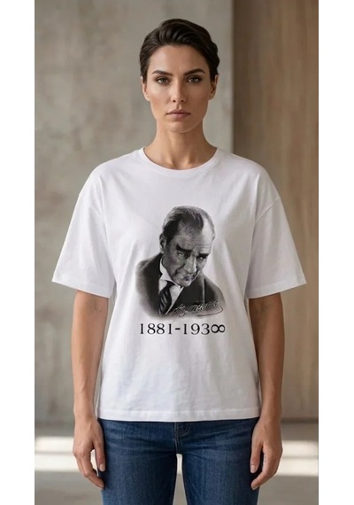 Modi Atatürk Baskılı Tişört Kısa Kollu Bisiklet Yaka T-shirt - Beyaz Açık Bej - Beyaz