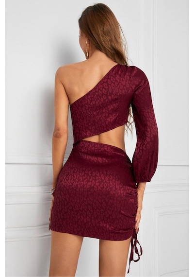Fashion Cocktail Bel Dekolteli Tek Kol Gece Elbisesi Şarap Kırmızı Bordo
