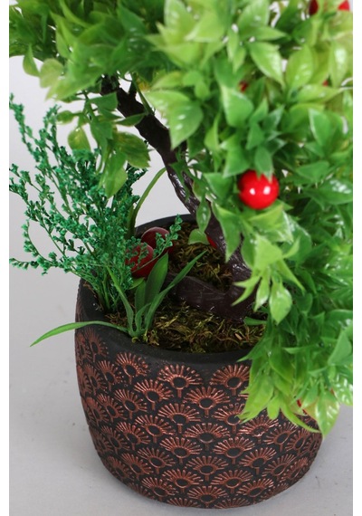 Yapay Çiçek Deposu Vintage Kabartmalı Saksıda Yapay Kiraz Ağacı 34 Cm