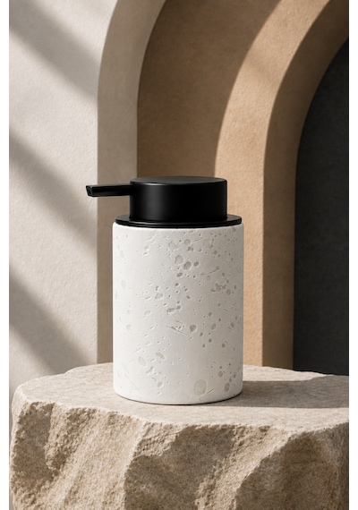 Terra Stoneware Traverten Dokulu Siyah Pompalı Dekoratif Sıvı Sabunluk 500 Ml , 13 X 7.5 Cm Beyaz