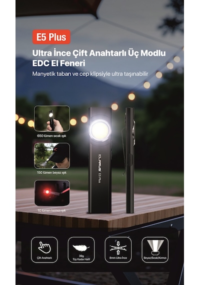Klarus E5 Plus Ultra İnce, Manyetik, Şarjlı Led Fener Siyah