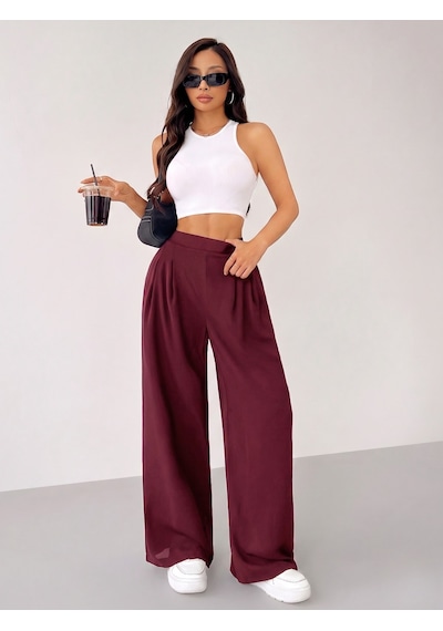 Genius Store Kadın Pantolon Scuba Krep Kumaş Beli Lastikli Cepli Pileli Geniş Paça Palazzo Pantolon Scuba-crep Bordo