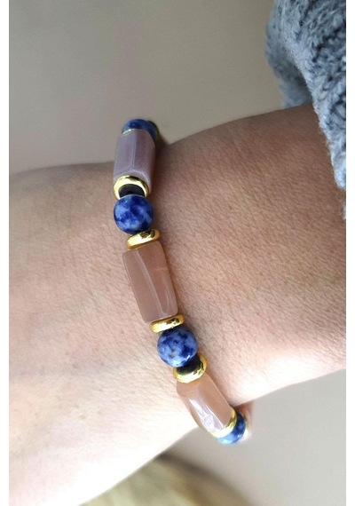 Lapis Lazuli Ve Pembe Turmalin Hematit Taşlı El İşi Tasarım Doğal Taş Bileklik Gümüş