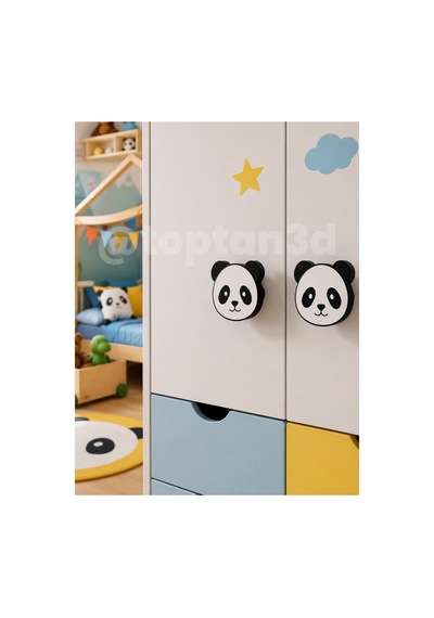2 Adet - Sevimli Panda Dolap Kulpu, Mobilya Kulbu - Bebek Odası, Çocuk Odası Aksesuar, Kulp Kulp Vidası Dahildir Sarı