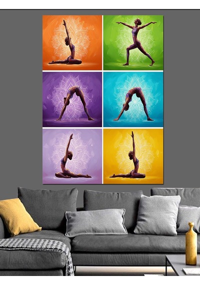 Mor Sarı Yoga Pozları Dekoratif Kanvas - Mdf Ahşap Tablo