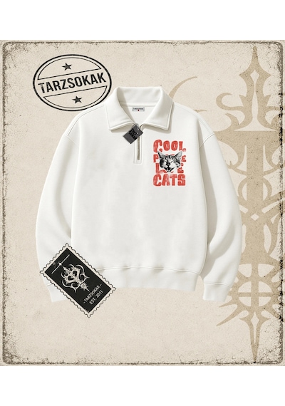 Tarzsokak Gotik & Grunge Streetwear Cool Cats Yarım Fermuarlı Sweatshirt Beyaz