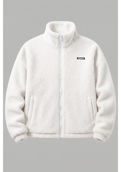 Genius Store Oversize Peluş Erkek İçi Polarlı Tam Fermuarlı Sherpa Sonbahar Kış Kadın Polar Sweatshirt Oversıze-pelus Ekru