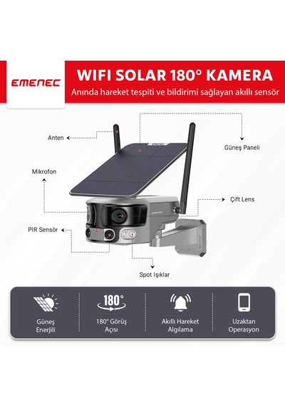 Emenec Wifi Solar Güneş Enerjili 4k 180 2-lens Güvenlik Kamerası