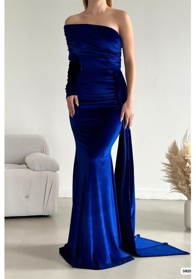 DefyModa Kadın Vintage Tek Omuz Kuyruklu Balık Kesim Abiye Elbise Lacivert