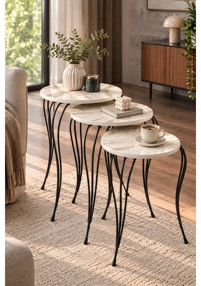 Sulorahome Lükens Metal Ayaklı Mermer Desenli 3'lü Zigon Sehpa Takımı Beyaz Beyaz - Beyaz Mermer