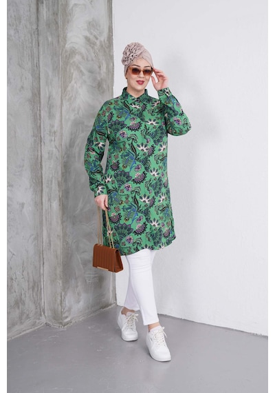 Polologin Butik Zümrüt Yeşil Bitki Desenli Gömlek Tunik Zümrüt Yeşili
