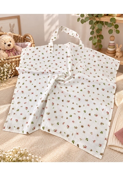 Sallhome Baby Textile %100 Pamuk Müslin Çiçek Desenli Emzirme Önlüğü 80x100 CM Ayarlanabilir Cırtlı Kapama