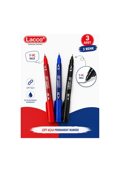 Lacco 255 Permanent Marker Kalem 3'lü Set Çift Uçlu M Ve S Uç Siyah Mavi Kırmızı Kalıcı İşaretleme Kalemi Çok Renkli
