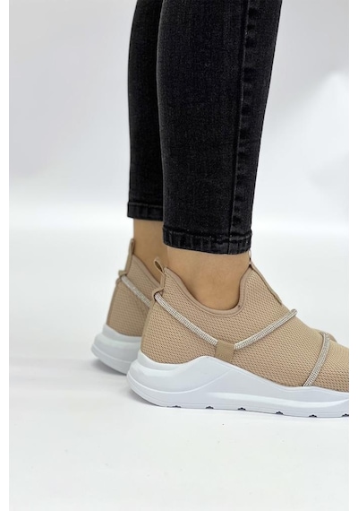 Z6357 Taşlı Fileli Hafif Bej Kadın Sneaker 001