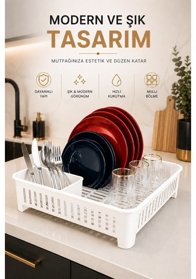 Sas Haus Bulaşıklık Tezgah Üstü Tabak Bardak Kurutmalık Plastik Bulaşık Sepeti 33x41 Cm Beyaz S-10567