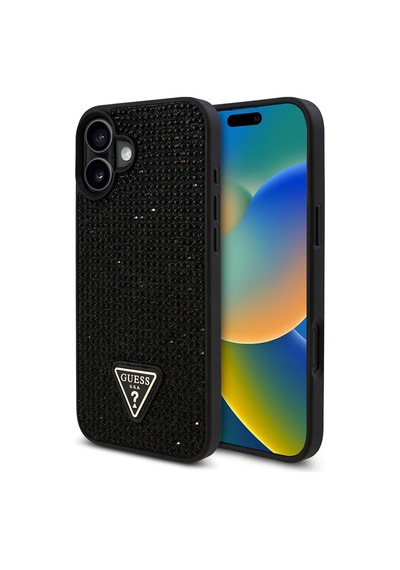 Apple Uyumlu iPhone 16 Plus Kılıf Guess Lisanslı Üçgen Logolu Taşlı Kapak Siyah