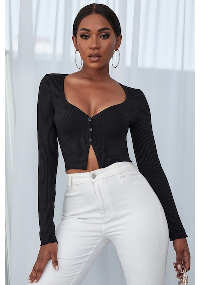Moda Dua Kadın Siyah Uzun Kollu Düğmeli Göğüs Ve Göbek Dekolteli Crop Top Bluz