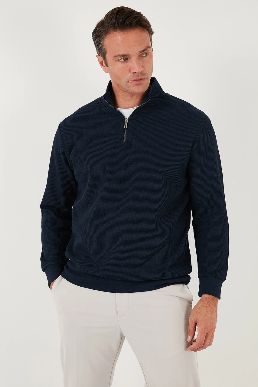 Buratti Pamuklu Regular Fit Yarım Fermuarlı Dik Yaka 2'Li Paket Erkek Sweat 5905716S2 Koyu Lacivert-Taş
