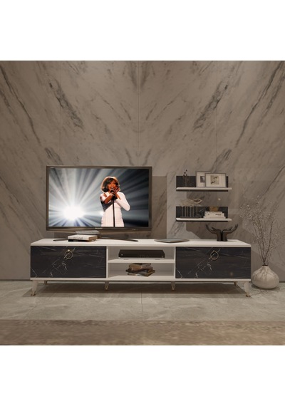 Decoraktiv Eko 4 Mdf Dvd Gold Tv Ünitesi Tv Sehpası Beyaz - Siyah Mermer