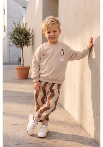 Babymod Çocuk Peguen Desenli Bej Okul Sweatshirt Ve Çizgili Eşofman Takımı