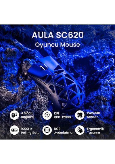 Aula Sc620 Paw3311 Sensör 12000 Dpı 1000hz Kablolu Ve Kablosuz Gaming Oyuncu Mouse Siyah Sc620