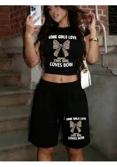 Tarzsokak Bu Kız Yay Baskılı Babby Teet-shirt Şort Yaz İki Parçalı Set Üstleri Pantolon Sıcak Tatlı İpli Bü Siyah