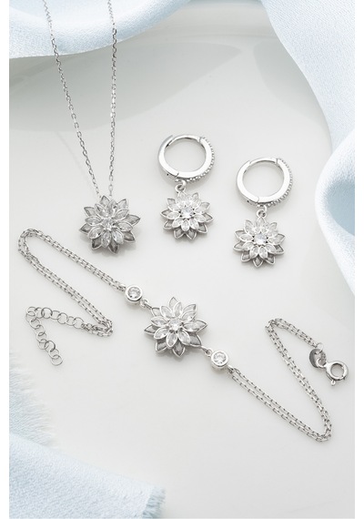 Çekirdekjewelry 925 Ayar Gümüş Lotus Çiçek Takı Seti Taşlı Kolye, Küpe Ve Bileklik Gri