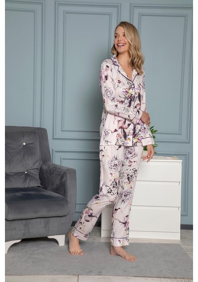 Monamise Kadın Çiçek Desenli Gömlek Yakalı Önü Boydan Düğmeli Pijama Takımı 18401-mor Mor