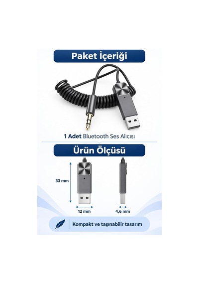 Bluetooth 5.1 Alıcı Usb Aux 3.5 Mm Çok Fonksiyonlu Kablosuz Araç Kiti Telefon Konuşma Müzik Dinleme