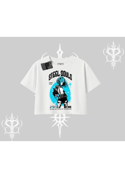 Tarzsokak Oversize Crop Tshirt Anime Cyberpunk Kız Baskılı Beyaz