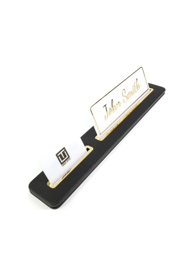 Turgut Office Deri Masa İsimliği Siyah Uzun Gold Detaylı - İsimlik ve Kartvizitlik
