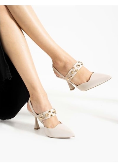 Feles Zımba Detaylı Topuklu Arkası Açık Kadın Stiletto Ayakkabı Ten