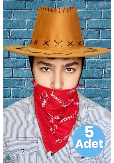 Uniquetrenders Çocuk Unisex Bandanalı 5'li Nubuk Kovboy Şapkası 8-14 Yaş Taba 5