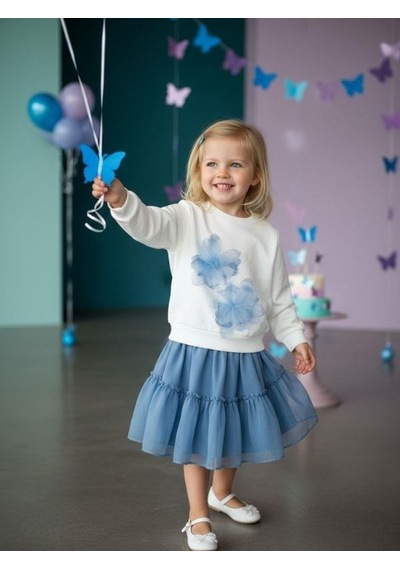 Zekids Kız Çocuk Pamuklu Mavi Çiçekli Sweatshirt-16554 Beyaz